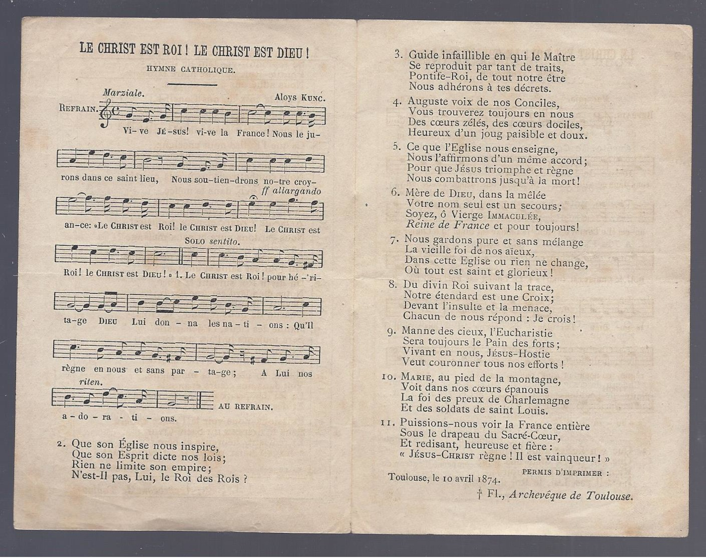 Santini, Image Pieuse, Holy Card TOULOUSE 1874 LE CHRIST EST ROI ! LE CHRIST EST DIEU !  A. KUNC HYMNE VIVE LA FRANCE ! - Santini