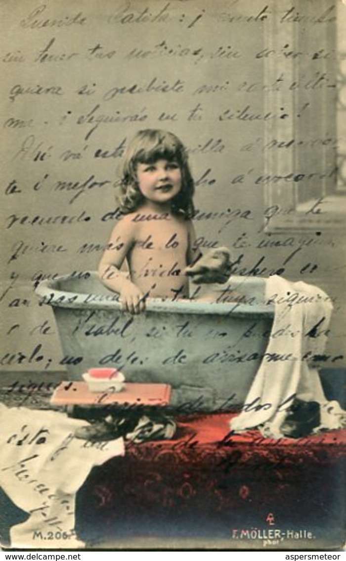 FOTO NIÑA EN LA BAÑERA TINA / PHOTO LITTLE GIRL IN THE BATHTUB SIGNED "F. MOLLER-HALLE" POSTAL CIRCULATED 1904 -LILHU - Retratos