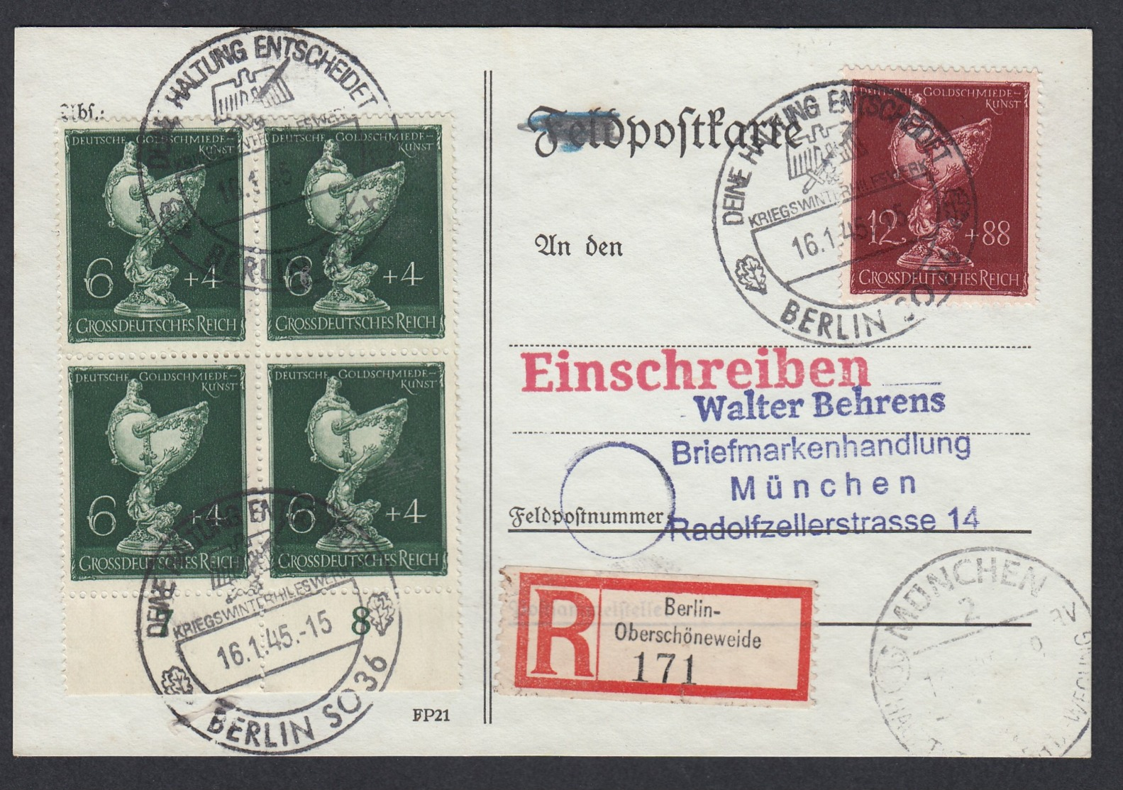 Deutsches Reich Einschreiben Postkarte Sonderstempel Späte Post 16.01.1945 Berlin Nach München  Lot 1360 - Sonstige & Ohne Zuordnung