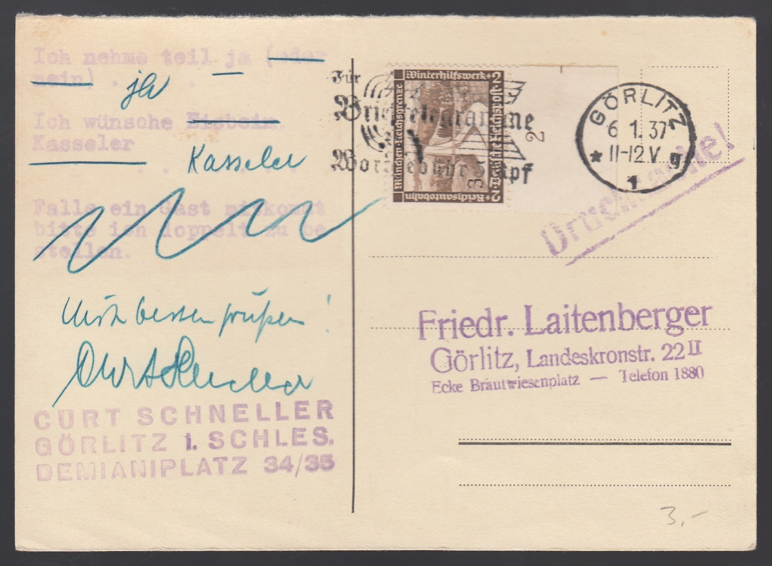 Deutsches Reich Postkarte Drucksache 1937 Görlitz Lot 1393 - Sonstige & Ohne Zuordnung