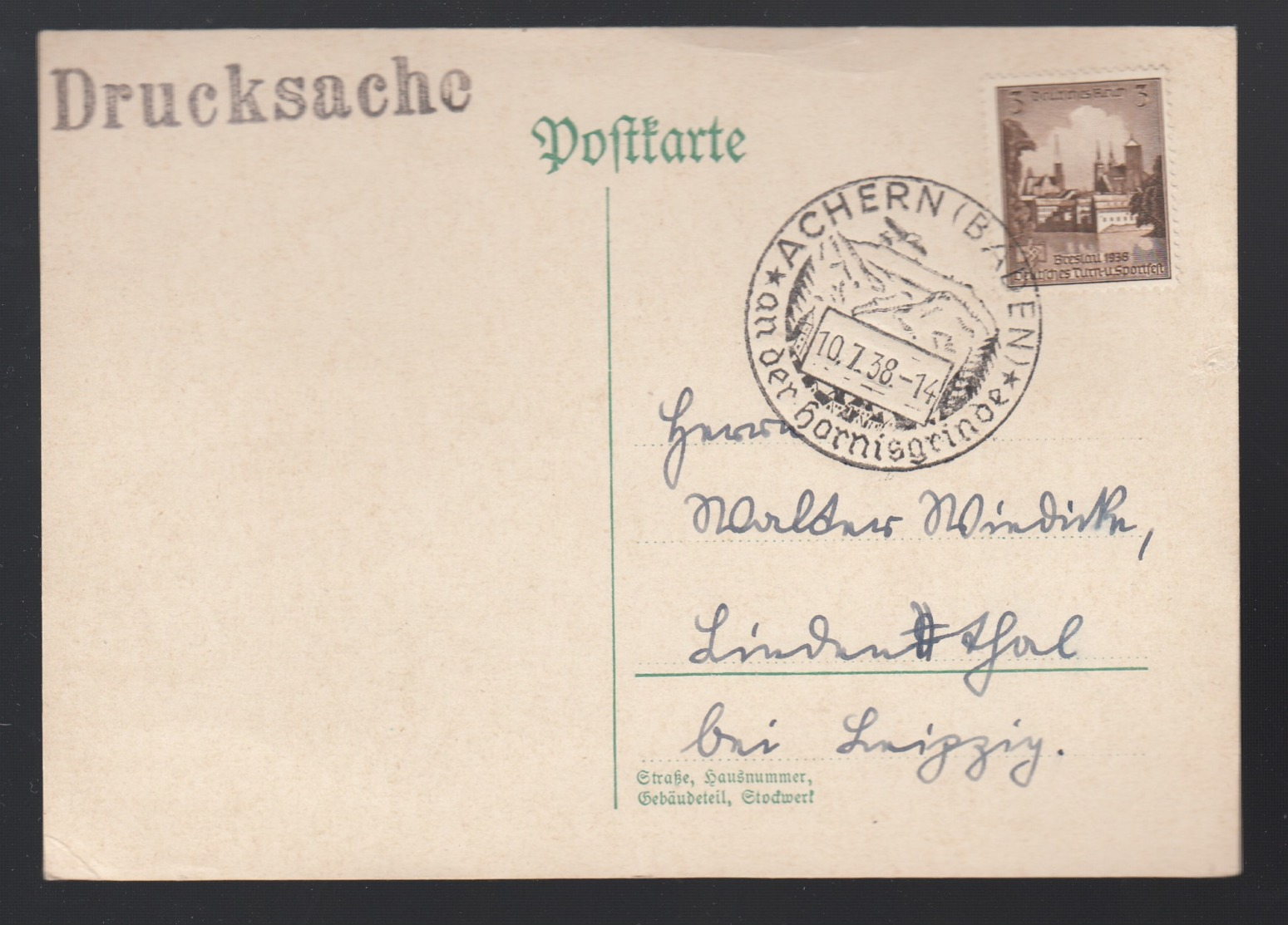 Deutsches Reich Postkarte Drucksache Sonderstempel 1938 Achern Nach Lindenthal Leipzig 1424 - Maschinenstempel (EMA)