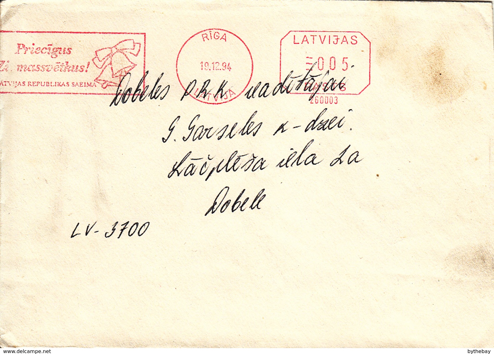 Latvia 1994 Cover Metered With Christmas Bells Slogan Cancel - Lettonie