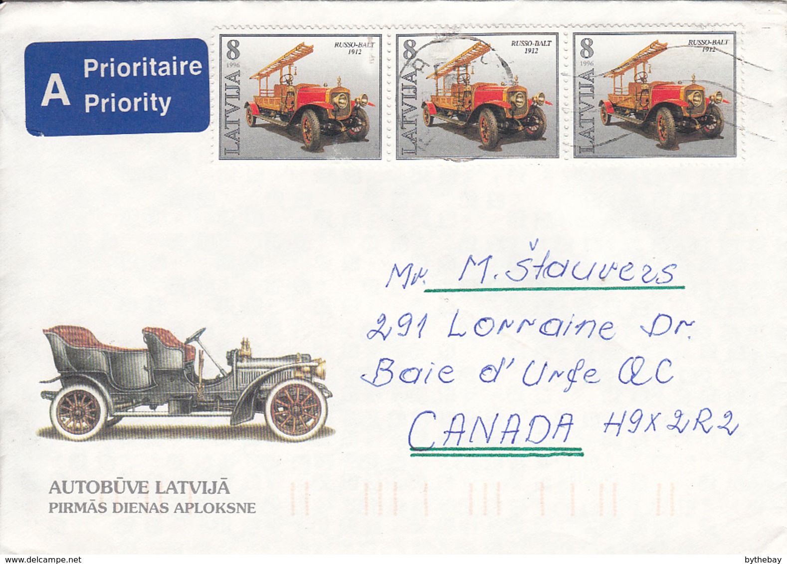 Latvia 1996 Cover To Canada Sc #426 8r Russo-Balt Fire Truck Strip Of 3 - Letonia