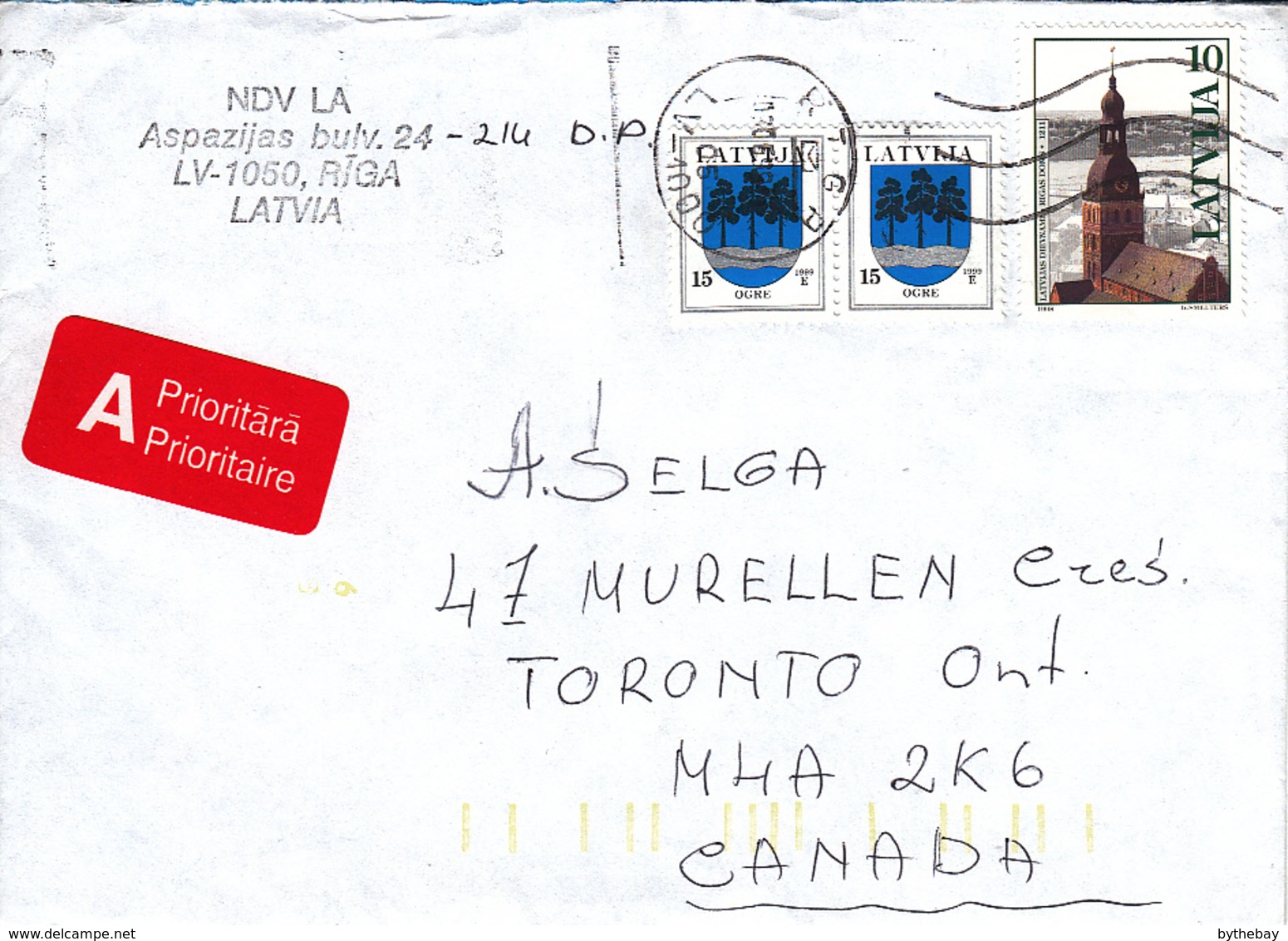 Latvia 1999 Cover To Canada Sc #482 15s Ogre Coat Of Arms Dated 1999 Pair, #475 10s Dome Church - Lettonie