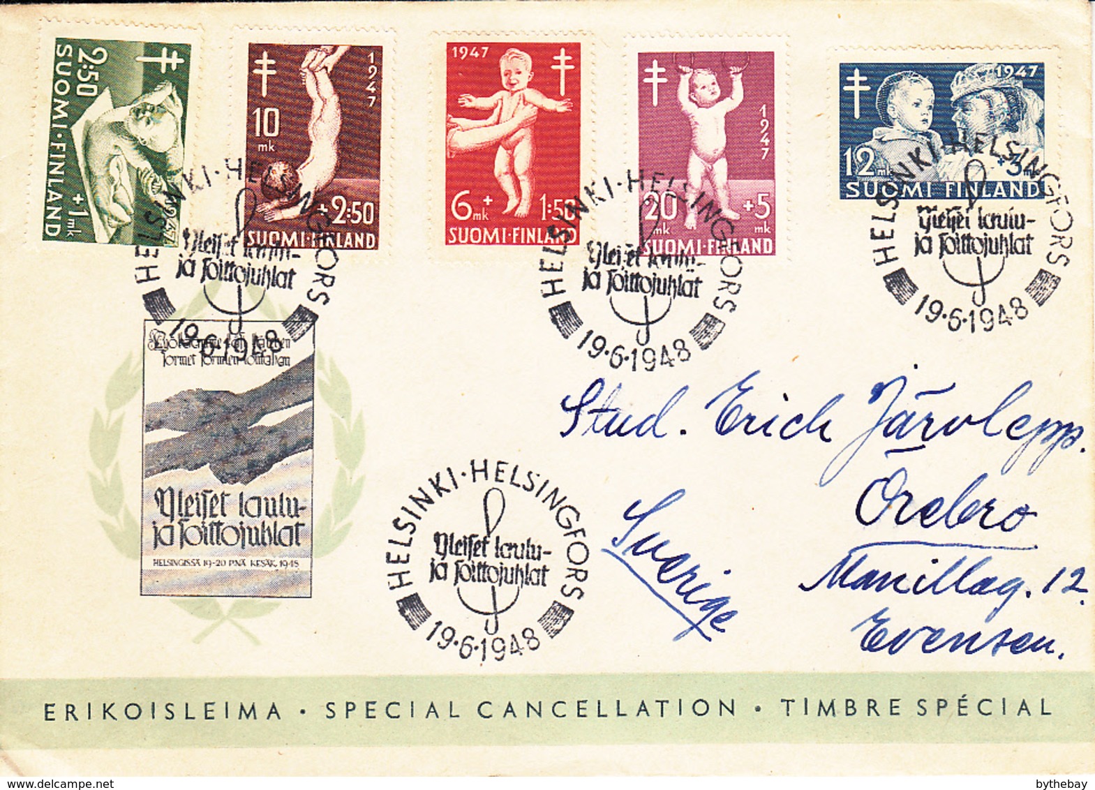 Finland 1948 Cover To Sweden Sc #B82-#B86 Special Cancellation Helsinki 19-6-1948 Music Festival - Lettres & Documents