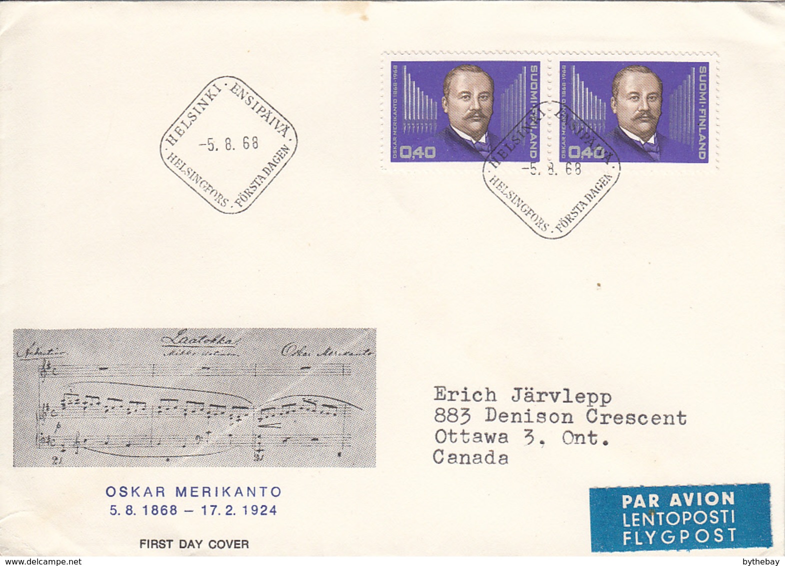 Finland 1968 To Canada FDC Sc #477 40p Oscar Merikanto, Pipe Organ - FDC