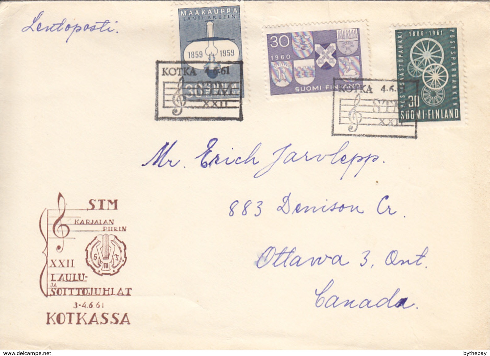 Finland 1961 To Canada Cover Sc #364, #366, #382 Kotka 4-6-61 Music Cancellation - Lettres & Documents