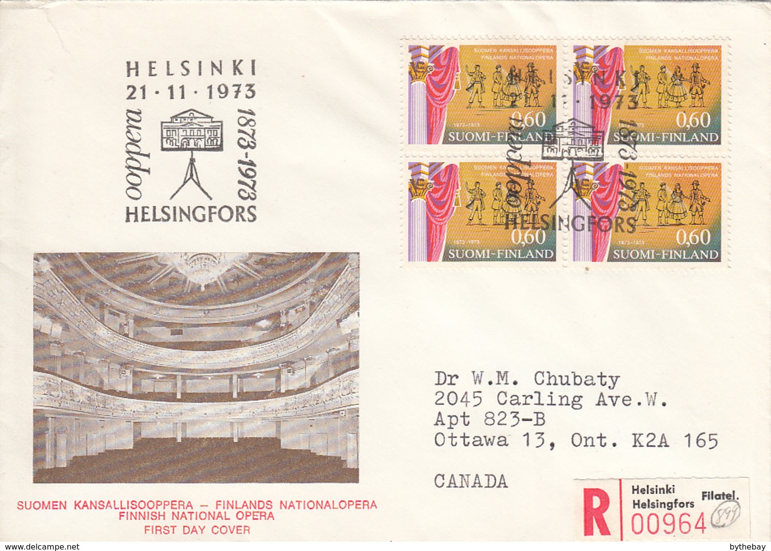 Finland 1973 To Canada Cover Sc #540 60p The Barber Of Seville Block Of 4 National Opera 100th Ann - FDC