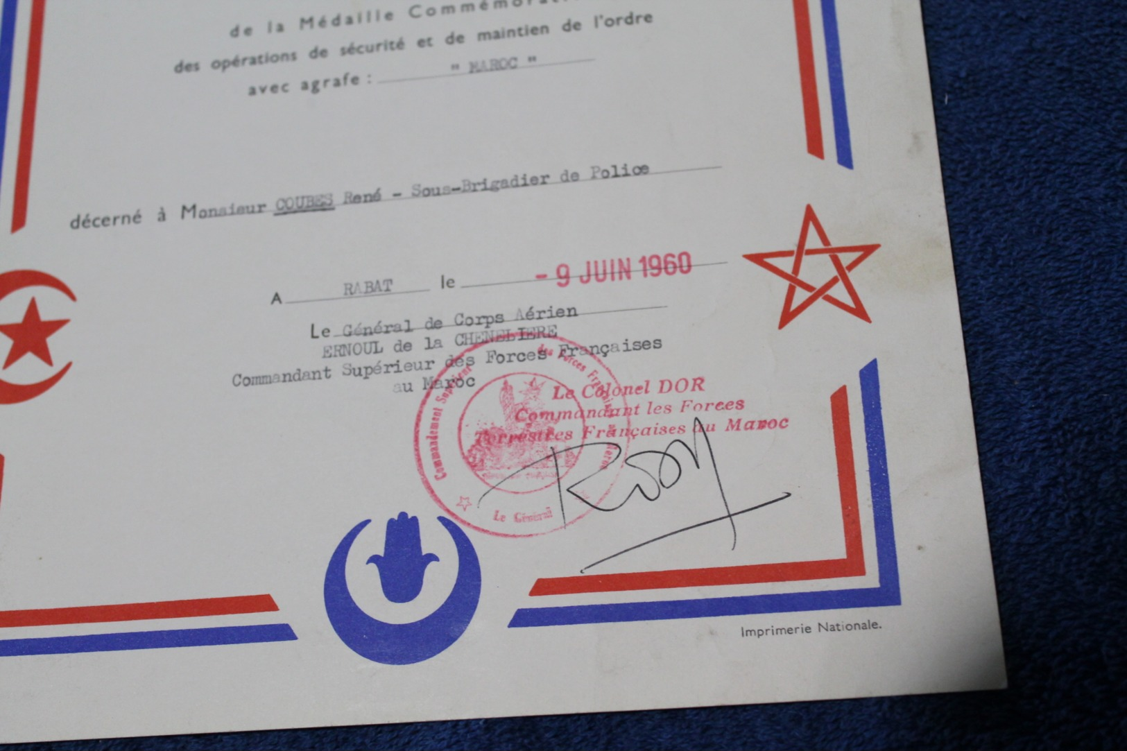 Diplome De La Medaille Commémorative MAROC 1960 - Police & Gendarmerie