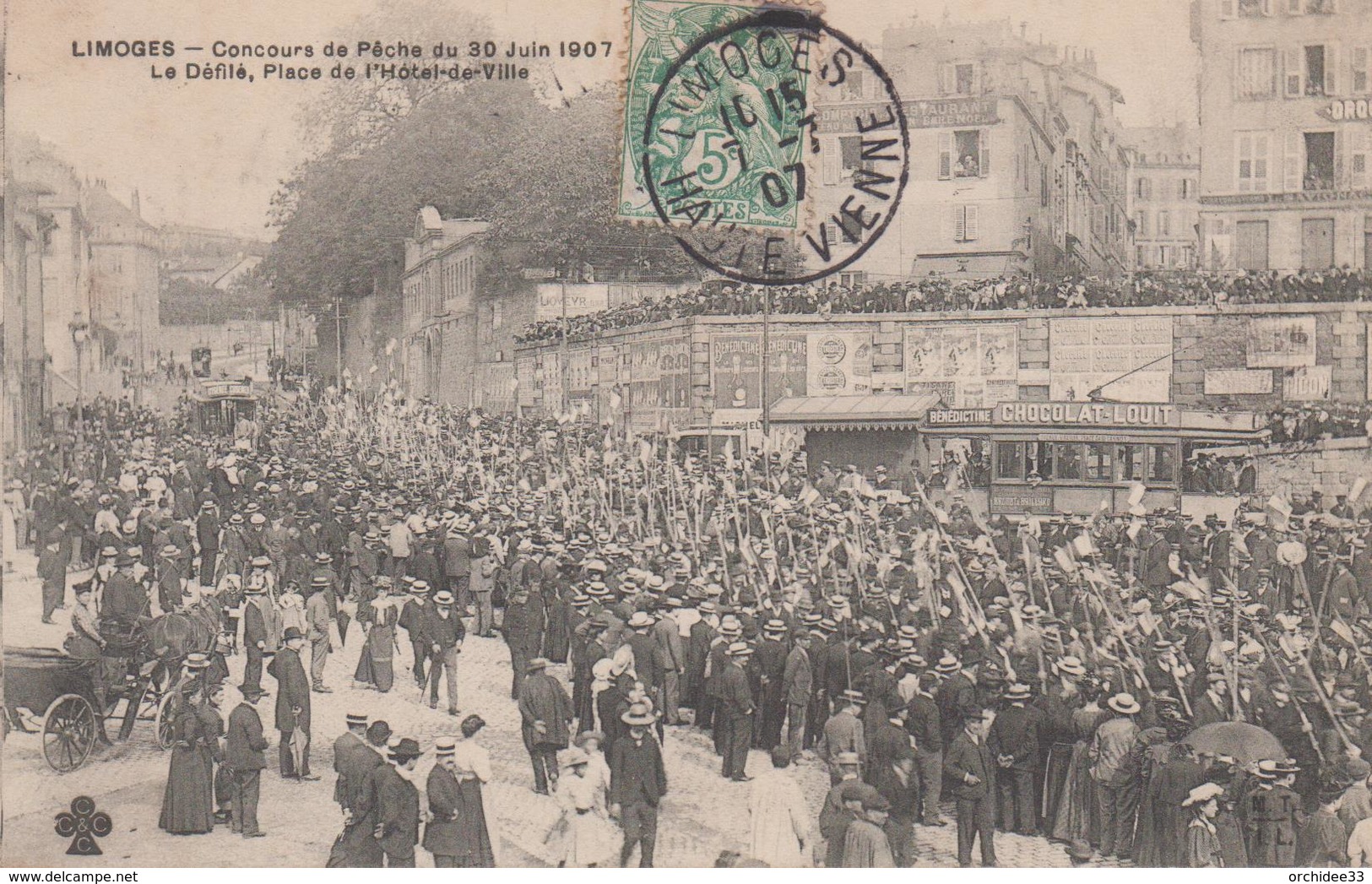 CPA Limoges - Concours De Pêche Du 30 Juin 1907 - Le Défilé, Place De L'Hôtel-de-Ville (très Belle Animation) - Limoges