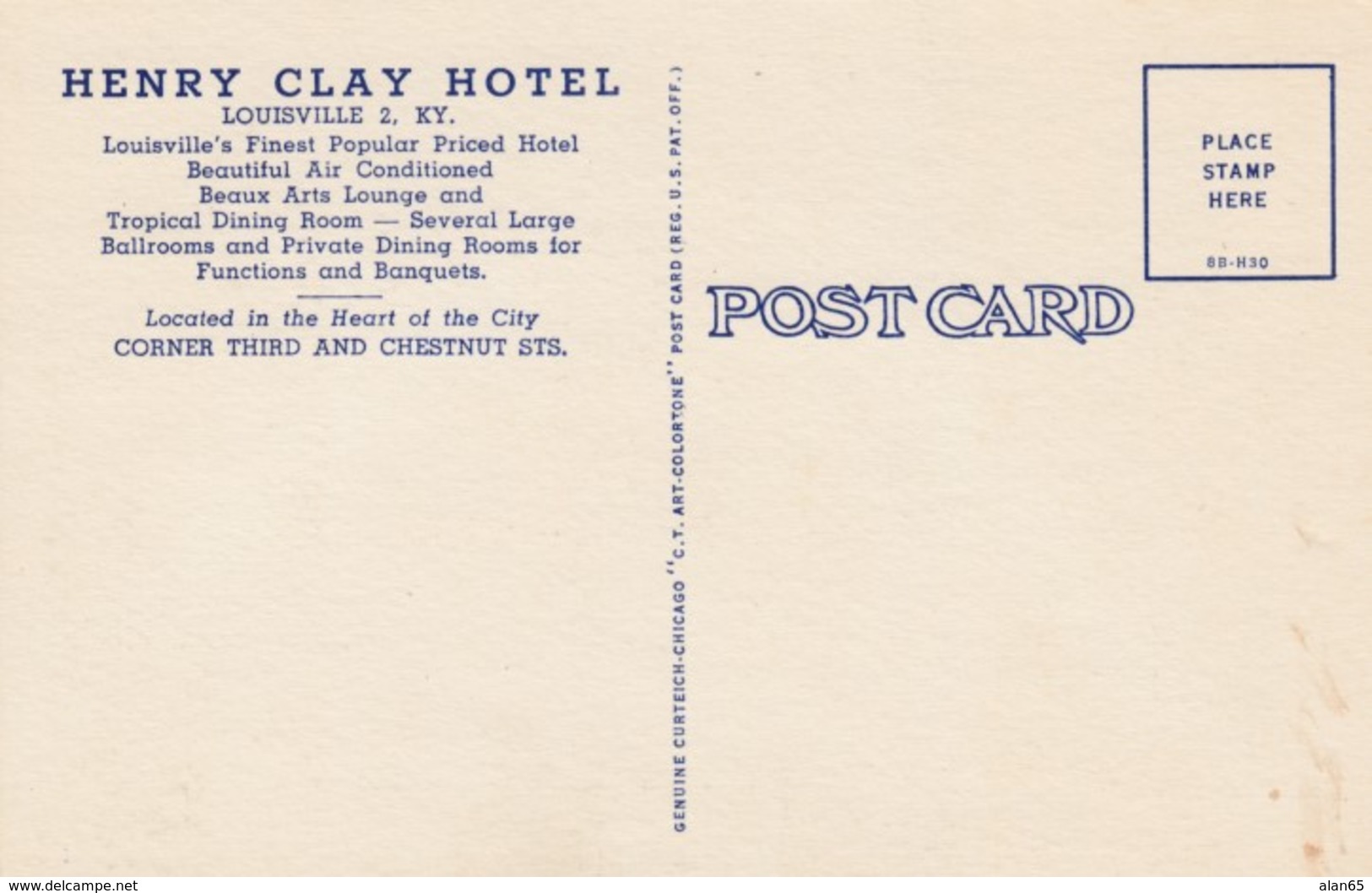 Louisville Kentucky, Henry Clay Hotel, Lodging, C1940s Vintage Curteich Linen Postcard - Louisville