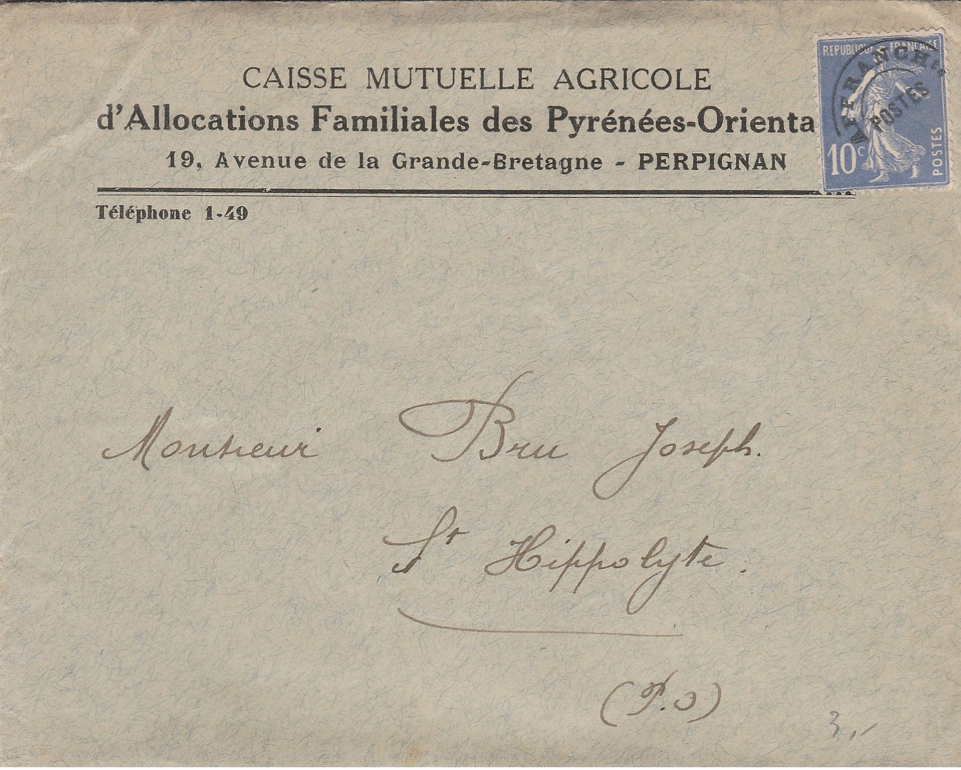 LAC 1937 Caisse Mutuelle Agricole D'Allocations Familiales Pyrénées Orientales à  PERPIGNAN & Timbre Préolitéré YT 52 - 1921-1960: Modern Tijdperk