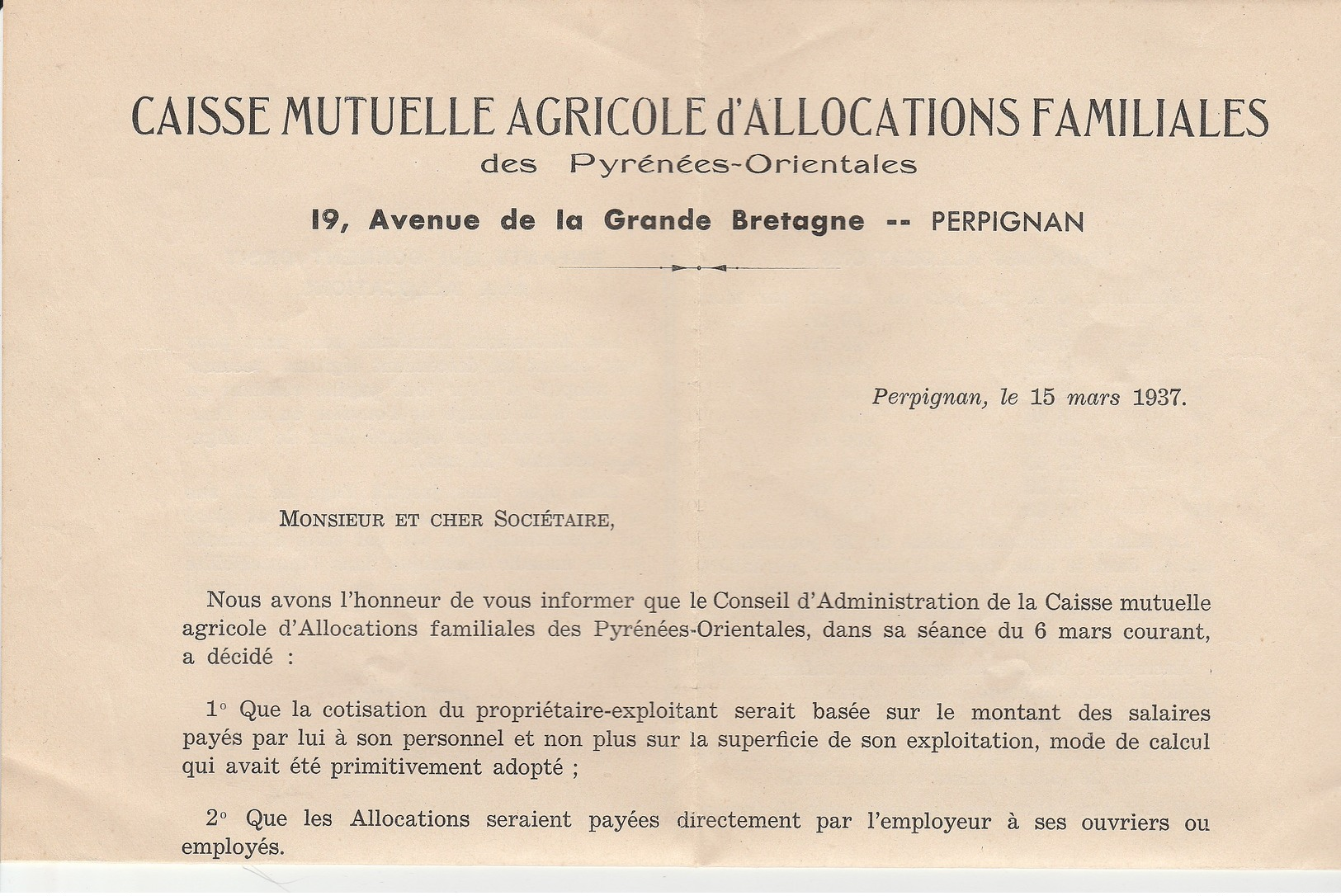 LAC 1937 Caisse Mutuelle Agricole D'Allocations Familiales Pyrénées Orientales à  PERPIGNAN & Timbre Préolitéré YT 52 - 1921-1960: Periodo Moderno
