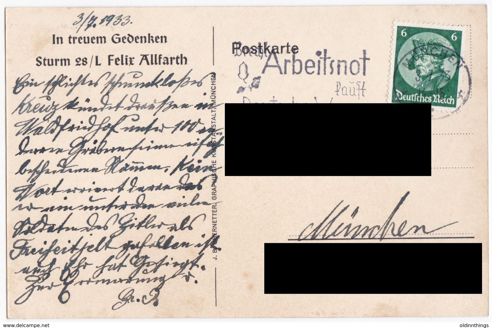 Sturm 28/L Felix Allfarth Hitlerputsch Feldherrnhalle Gedenkpostkarte 1933 - 1939-45