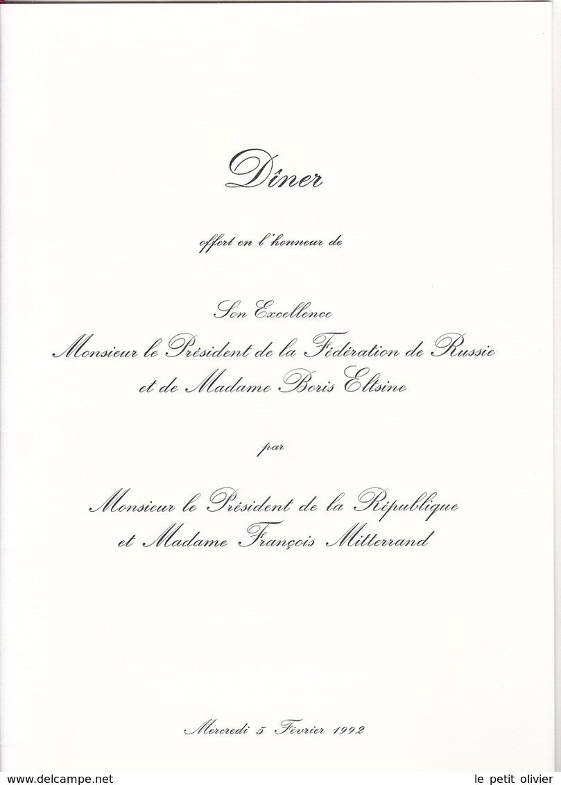 MENU PRÉSIDENTIEL ORIGINAL DÎNER 1992 OFFERT PAR Mr FRANCOIS MITTERRANT AU PRÉSIDENT DE RUSSIE BORIS ELTSINE - Menus