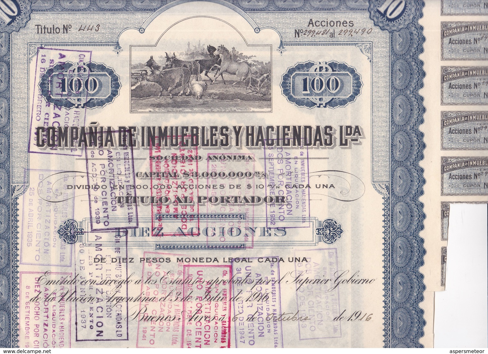 ACCION ACTIONS COMPAÑIA DE INMUEBLES Y ACIENDA AÑO 1916 $10 M/N CADA UNA SIGNEE BUENOS AIRES-RARE- BLEUP - G - I