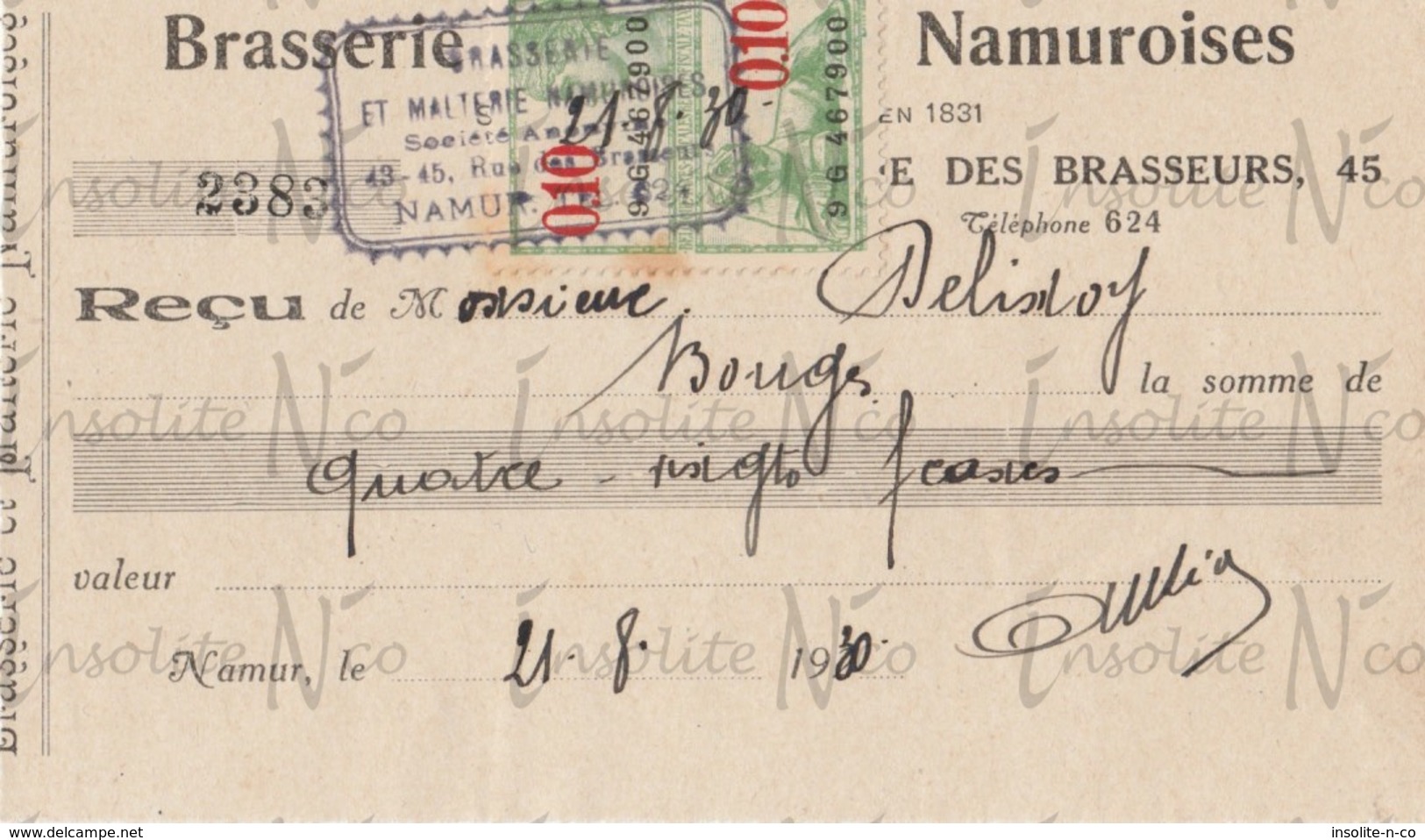 Reçu De La S.A. Brasserie Et Malterie Namuroises Rue Des Brasseurs 43-45 Namur Datée Du 21 Août 1930 - Petits Métiers