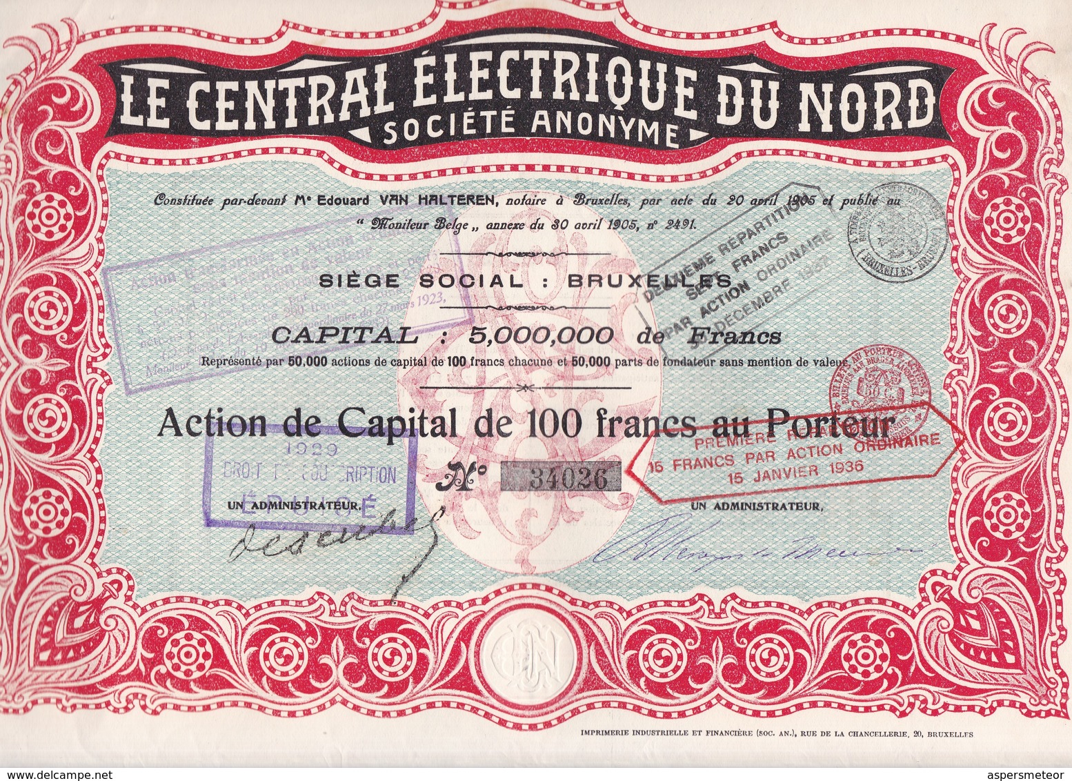 ACCION ACTIONS LE CENTRAL ELECTRIQUE DU NORD SA. BRUXEULLES CAPITAL 5000000f  AN 1929 SIGNE-RARE- BLEUP - Elettricità & Gas