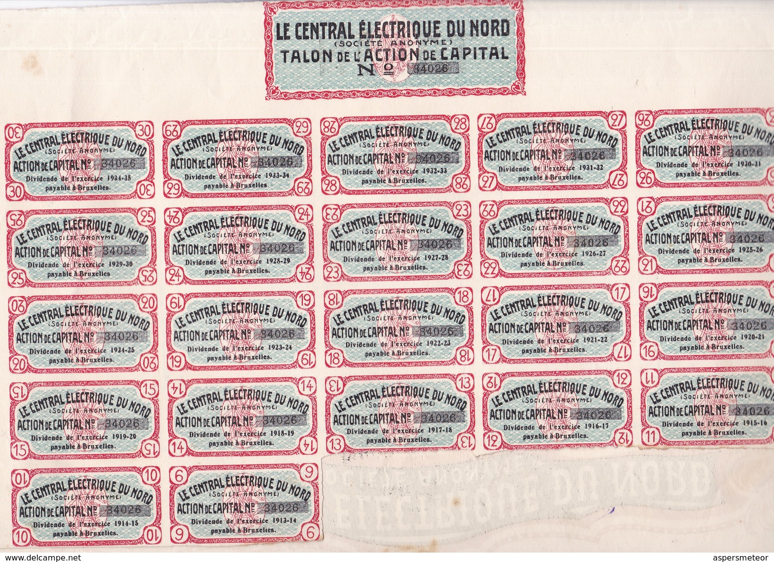 ACCION ACTIONS LE CENTRAL ELECTRIQUE DU NORD SA. BRUXEULLES CAPITAL 5000000f  AN 1929 SIGNE-RARE- BLEUP - Electricity & Gas