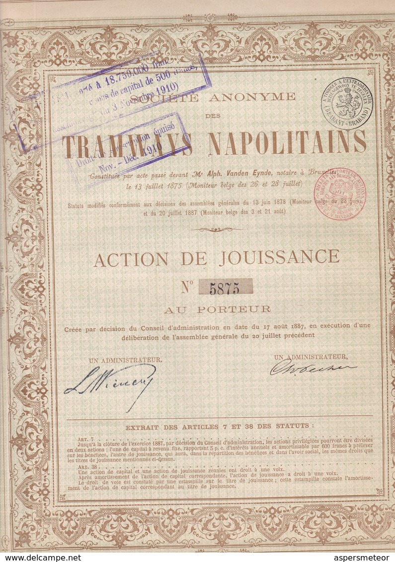 ACCION ACTIONS TRAMWAYS NAPOLITAINS SIGNEE AN 1910  -RARE- BLEUP - Chemin De Fer & Tramway