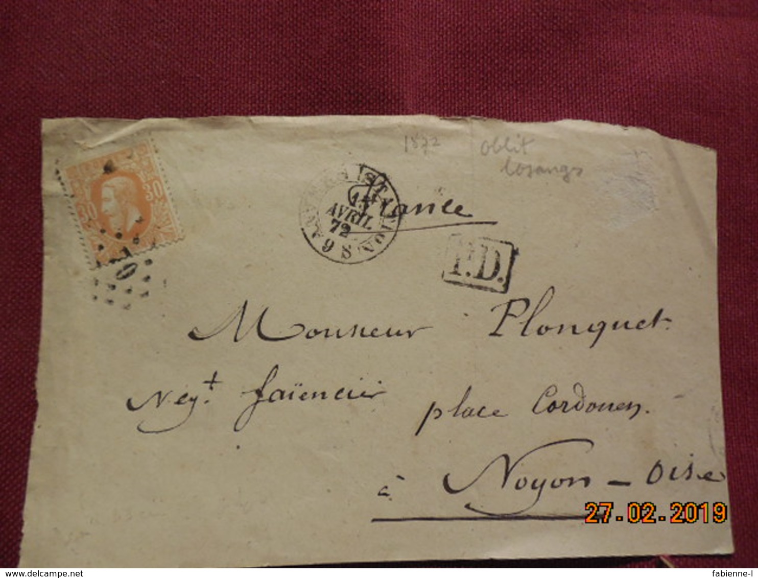 Lettre (devant) De 1872 Avec Obli Losange Pour Noyon - Matasellado Con Puntos