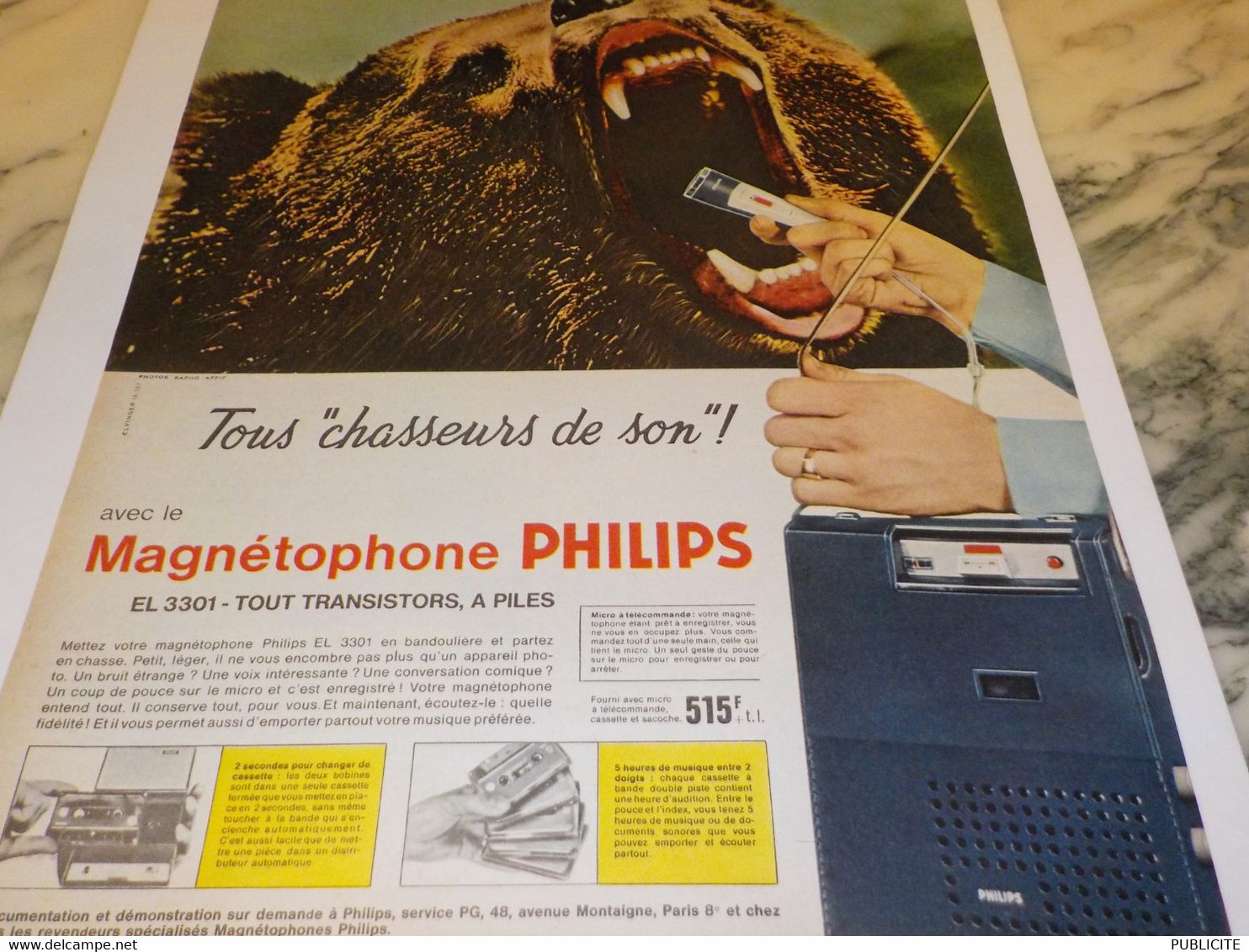 ANCIENNE PUBLICITE TOUS CHASSEUR DE SON  MAGNETOPHONE   PHILIPS 1965 - Autres & Non Classés