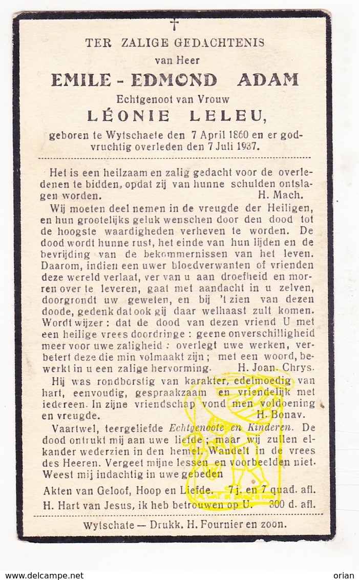 DP Emile Edm. Adam ° Wijtschate Heuvelland 1860 † 1937 Léonie Leleu - Andachtsbilder