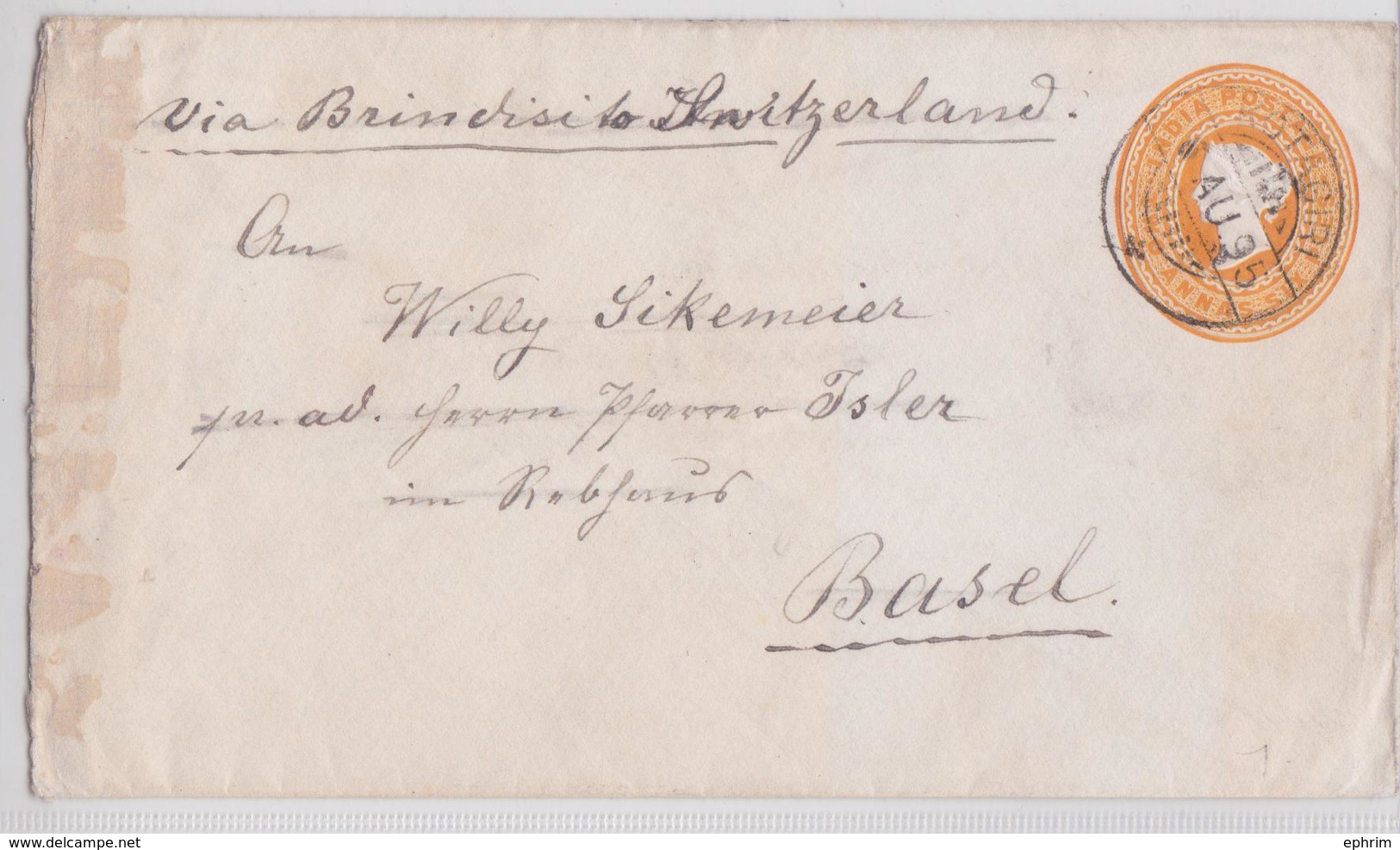 British India Raj Queen Victoria Two Annas Postal Stationery Cover KOTAGIRI To Basel Via Brindisi Sea Post Office 1895 - 1882-1901 Empire