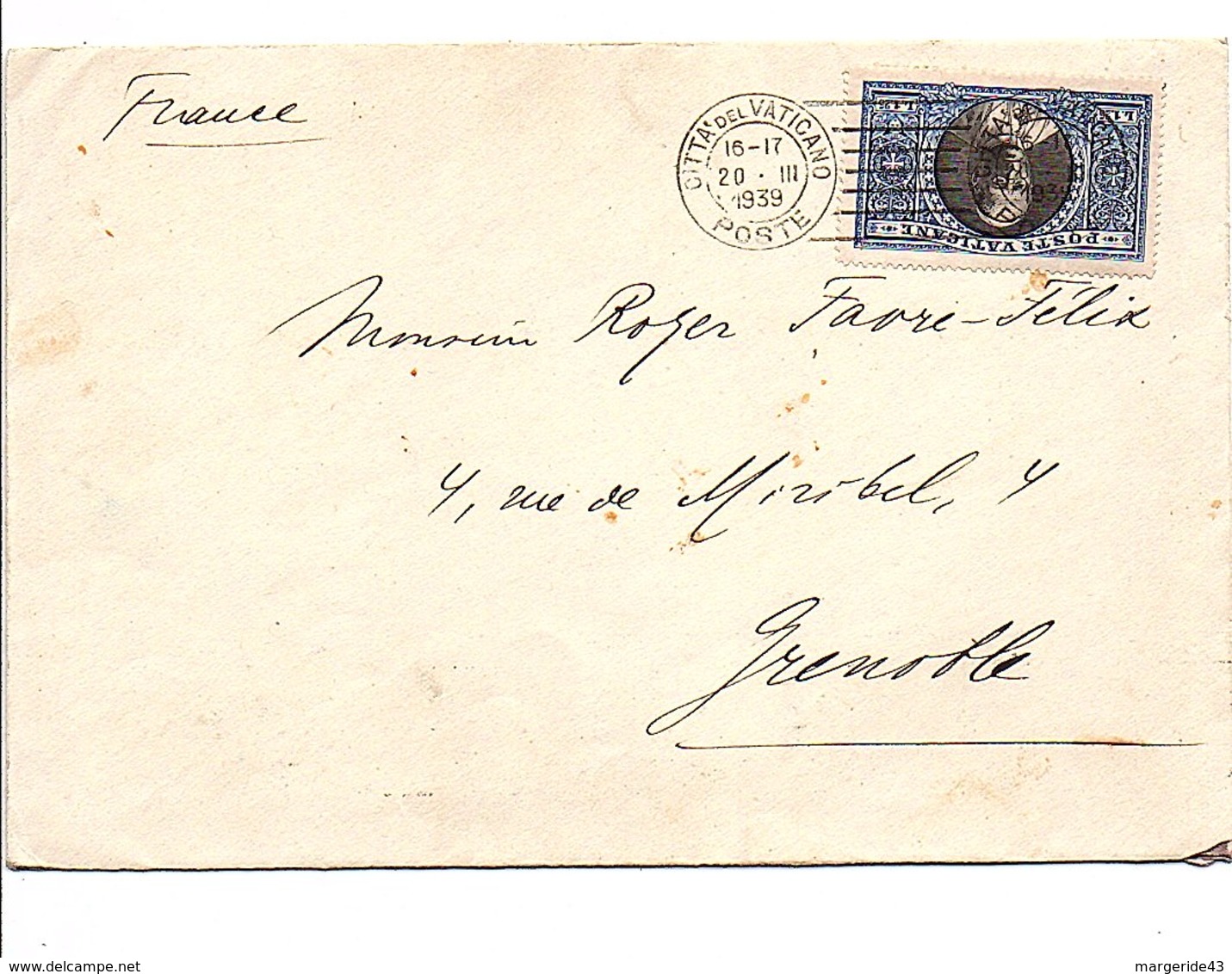 VATICAN LETTRE POUR LA FRANCE 1939 - Lettres & Documents