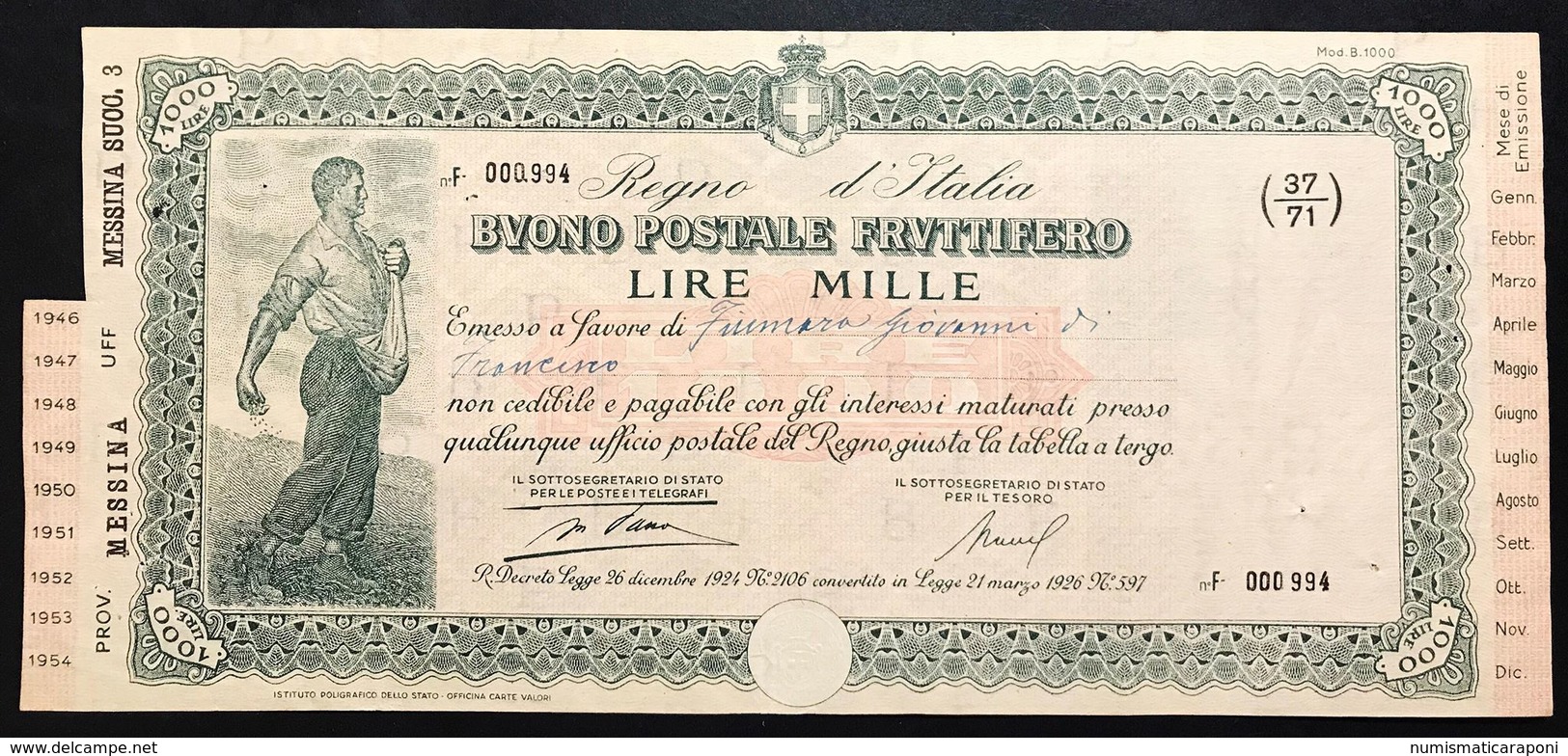 Buono Postale Fruttifero  1000 Lire Regio Decreto 26 12 1924 Legge 21 03 1926 Rilasciato 21 02 1946 Doc.005 - Altri & Non Classificati