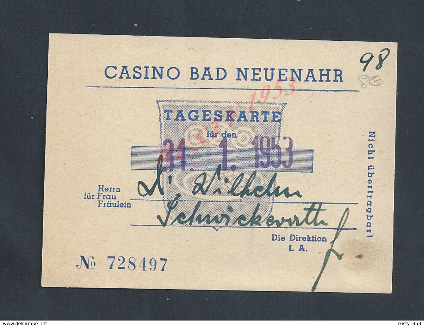 CARTE D ENTRÉE CASINO BAD NEUENAHR ALLEMAGNE : - Autres & Non Classés