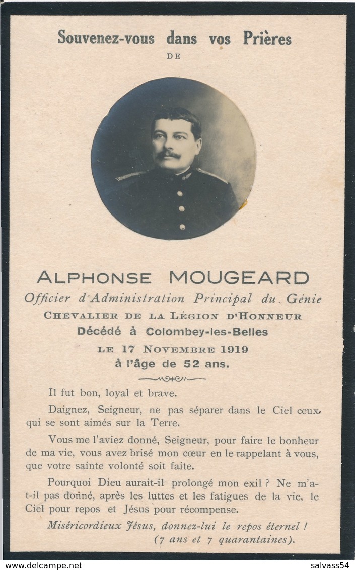 Image Photo Mortuaire - Alphonse MOUGEARD - Officier D'Administration Du Génie - Légion D'Honneur (1919) - Guerre, Militaire