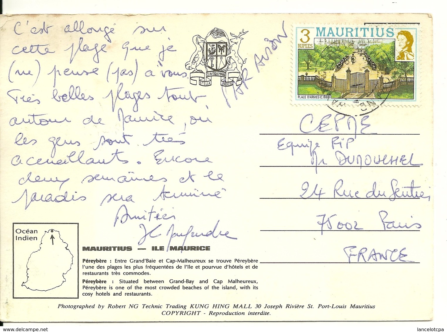MAURITIUS - 3 Rupees PLACE D'ARMES Sur CARTE POSTALE PEREYBERE - Maurice (1968-...)
