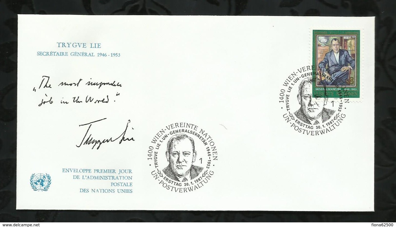 NATIONS-UNIES . FDC . TRYGVE LIE . SECRETAIRE GENERAL .  30 JANVIER 1987  . WIEN . - FDC