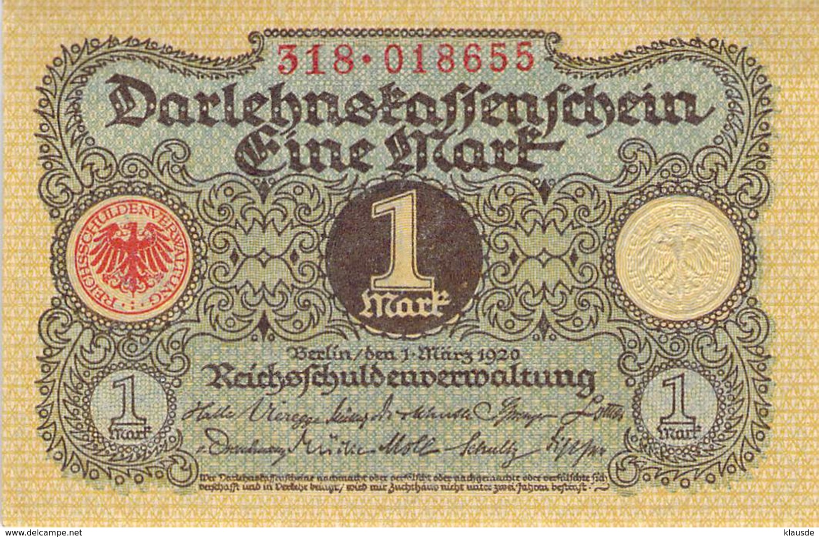 1 Mark Darlehenskassenschein 1920 - Reichsschuldenverwaltung