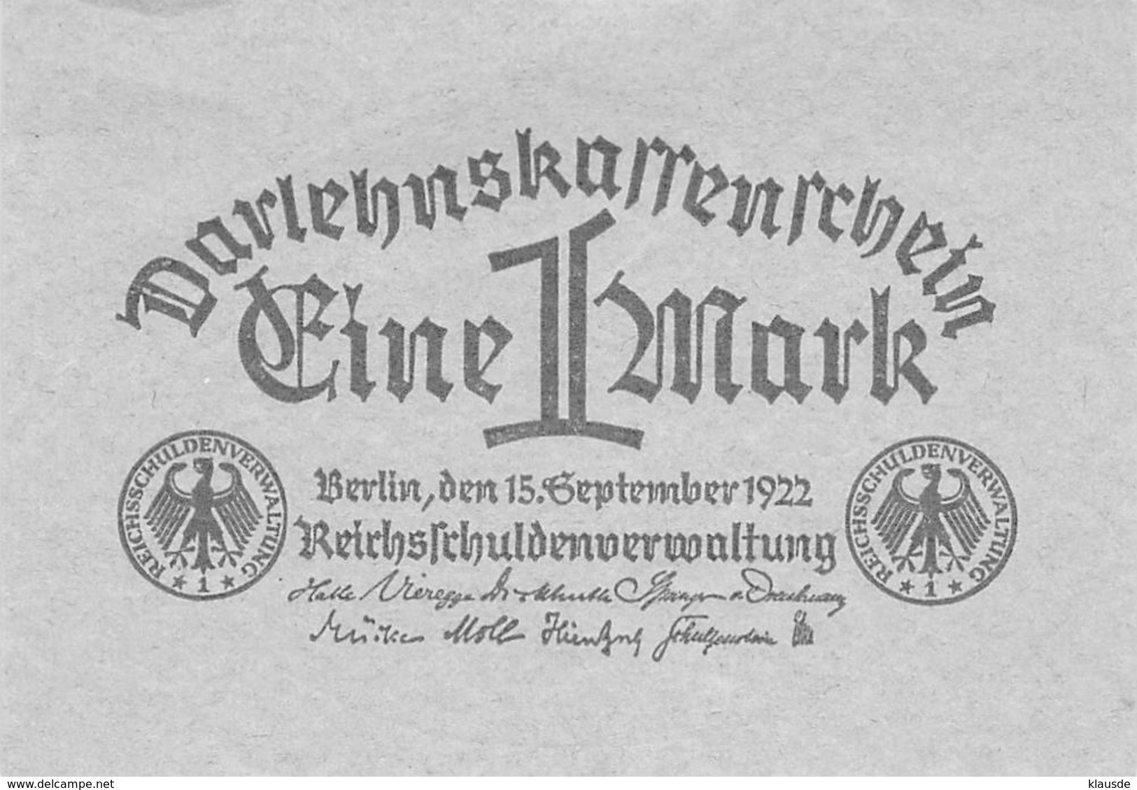 1 Mark Darlehenskassenschein 1922 - Bestuur Voor Schulden