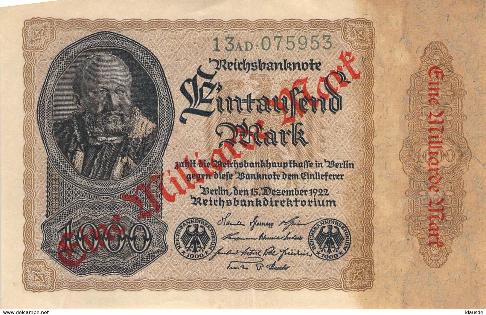 1 Milliarde Mark Überdruckprovisorium 1922 Reichsbanbknote - 1 Milliarde Mark