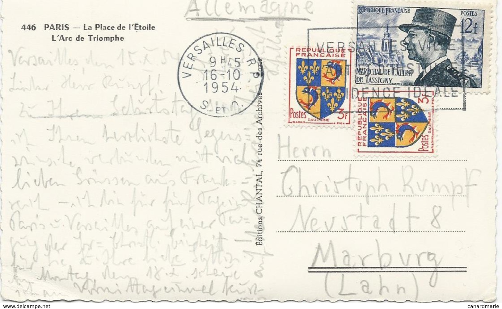 CARTE POSTALE POUR L'ALLEMAGNE 1954 AVEC 3 TIMBRES TYPES BLASON DAUPHINE / DE LATTRE - 1921-1960: Modern Period