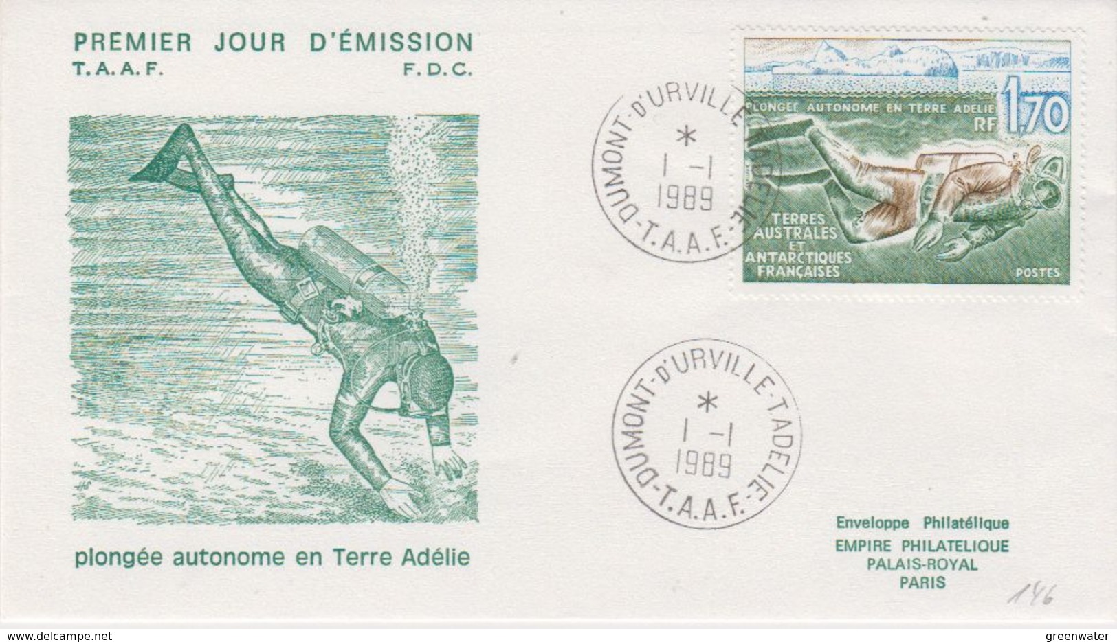 TAAF 1989 Plongée Autonome En Terre Adelie 1v FDC Ca Dumont D4urville T. Adelie (41976) - FDC