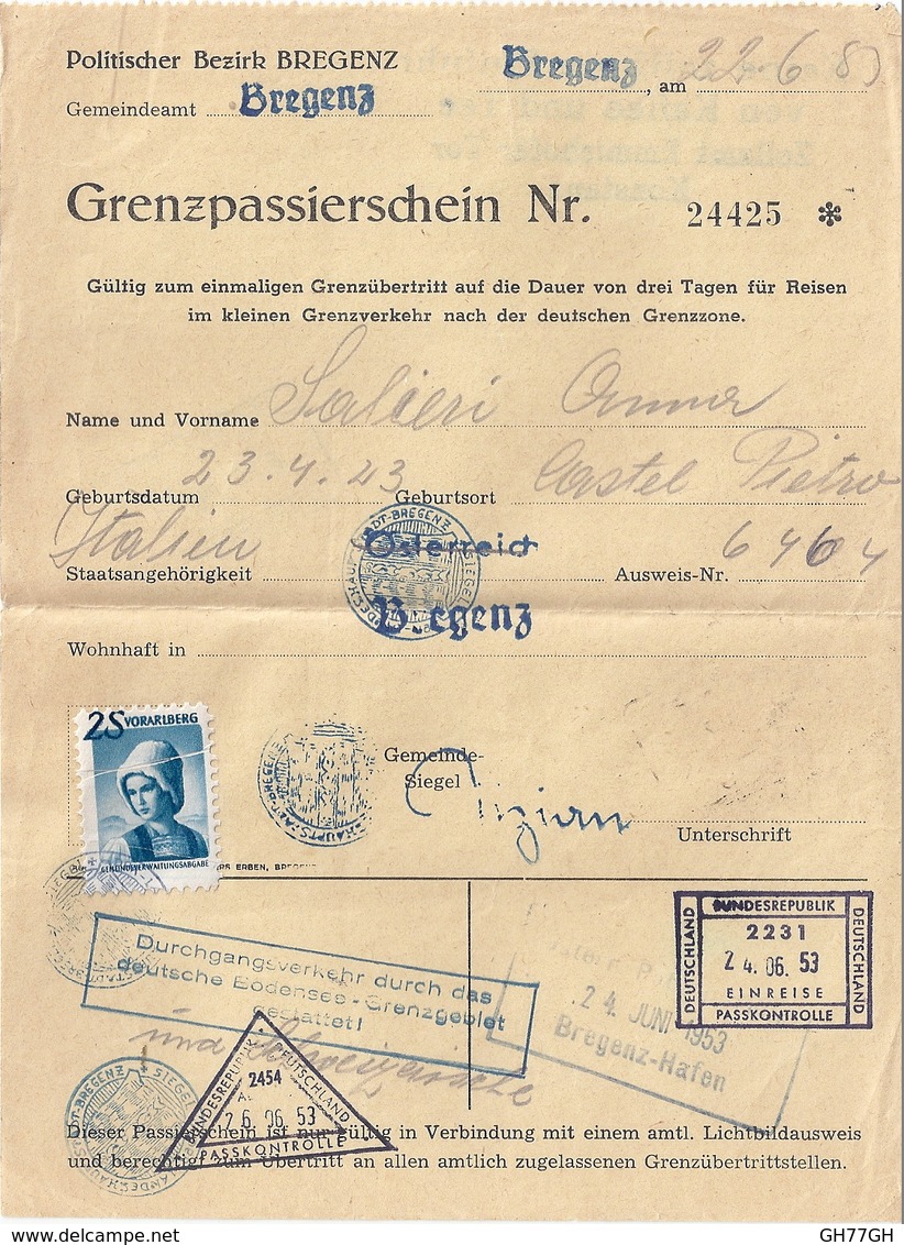 Timbre VORARLBERG Sur Laisser-passer 1953 (X2) - Lettres & Documents
