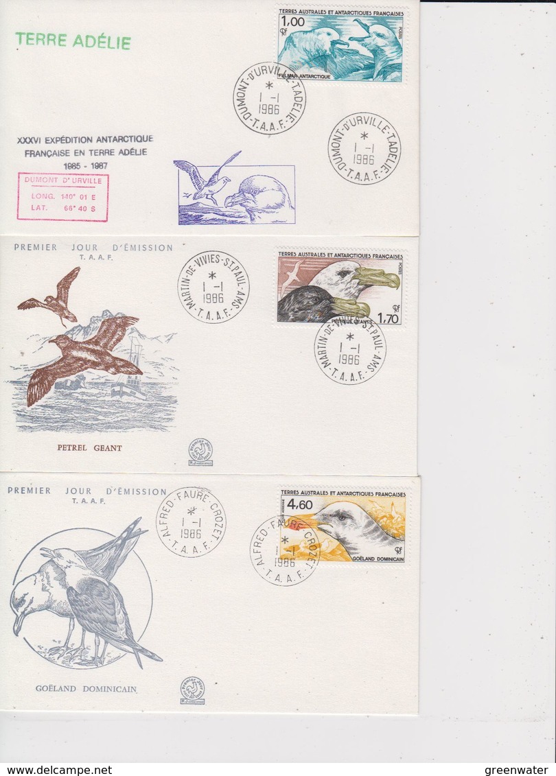 TAAF 1986 Birds 3v 3 FDC Ca Dumont D'Urville T. Adelie (41978) - FDC