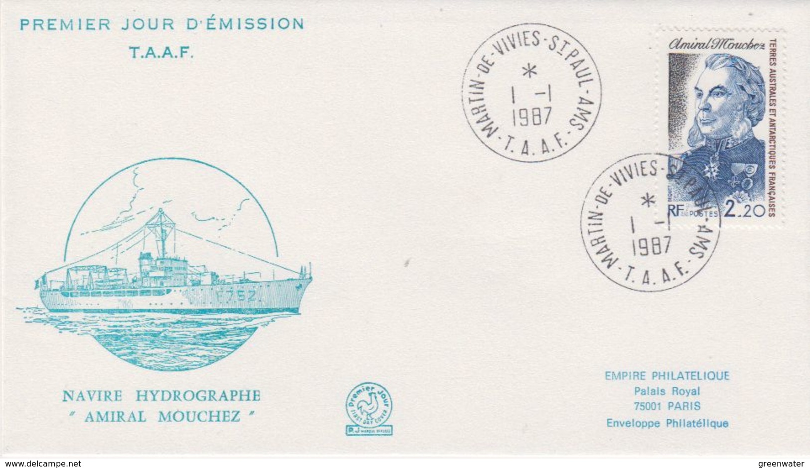 TAAF 1987 Amiral Mouchez 1v FDC Ca Martin-de-Vivies St. Paul Amsterdam (41979) - FDC