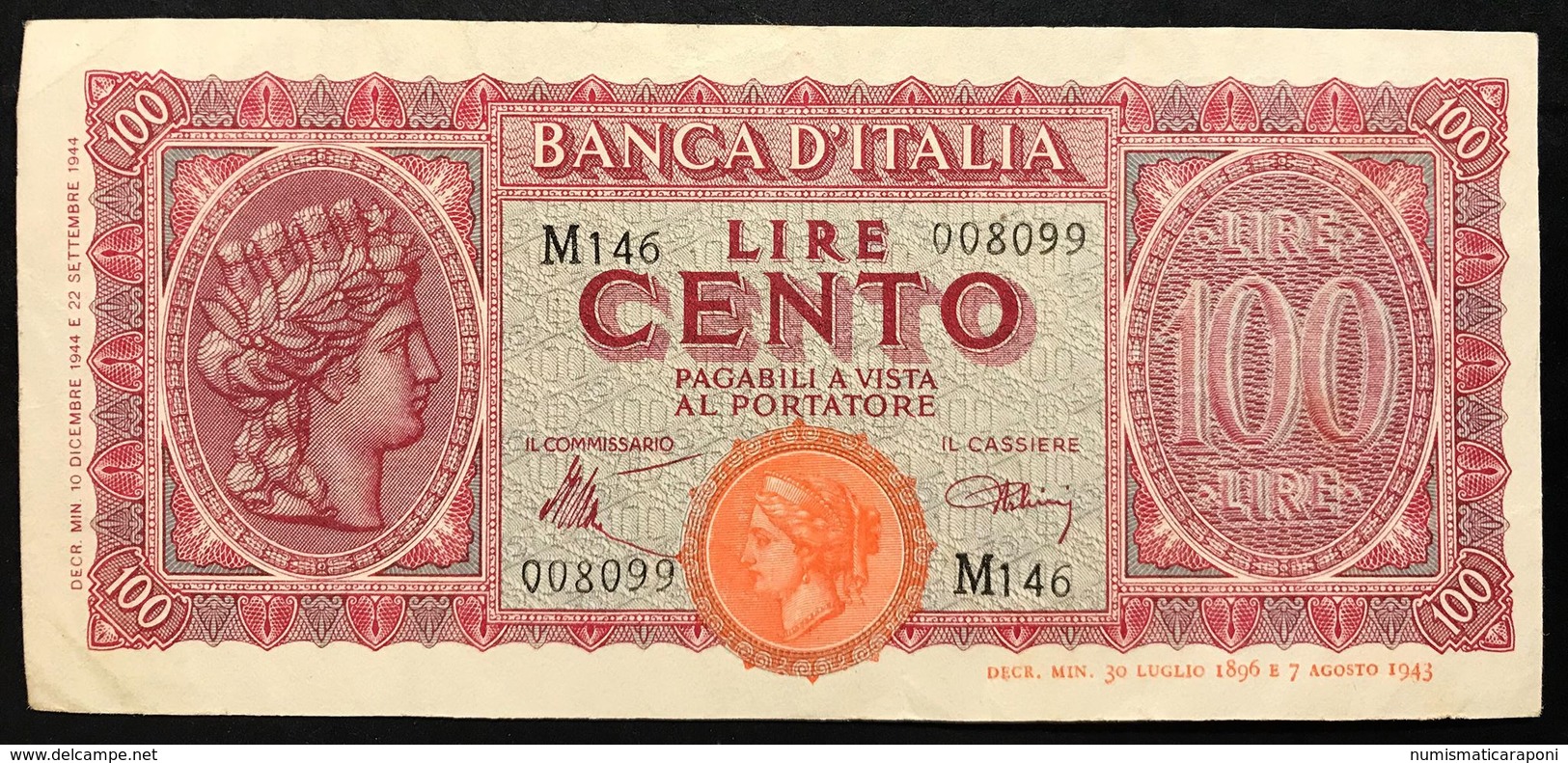 100 LIRE ITALIA TURRITA 10 12 1944 Naturale OTTIMO ASPETTO E BEI COLORI BB+ LOTTO 399 - 100 Lire