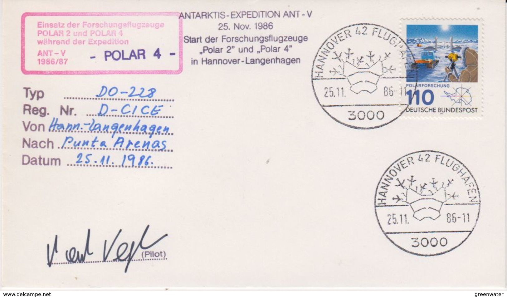 Germany 1986 Polar 4 Flight Cover From Hannover To Punta Arenas (25.11.1986) Si Pilot Cover (41984) - Voli Polari