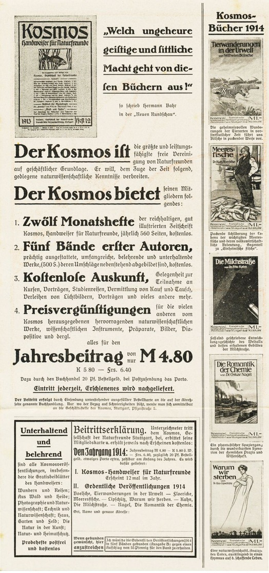 Original-Werbung - Prospekt 1914 :  2-Seiter Kartoniert:  KOSMOS / FRANCKH - STUTTGART - Ca. 165 X 360 Mm - Publicité