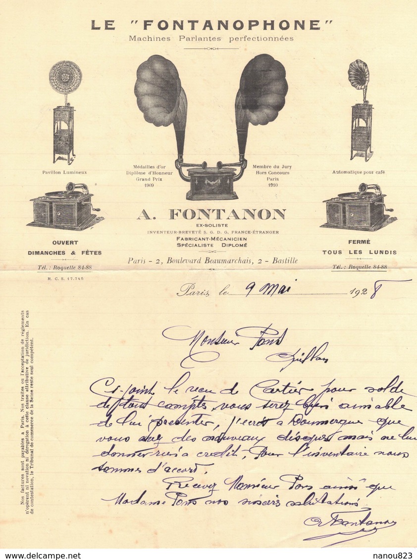 FACTURE COURRIER COMMERCIAL A FONTANON PARIS 1928 LE FONTANOPHONE Machines Parlantes Phonographe Pavillon Automatique - 1900 – 1949
