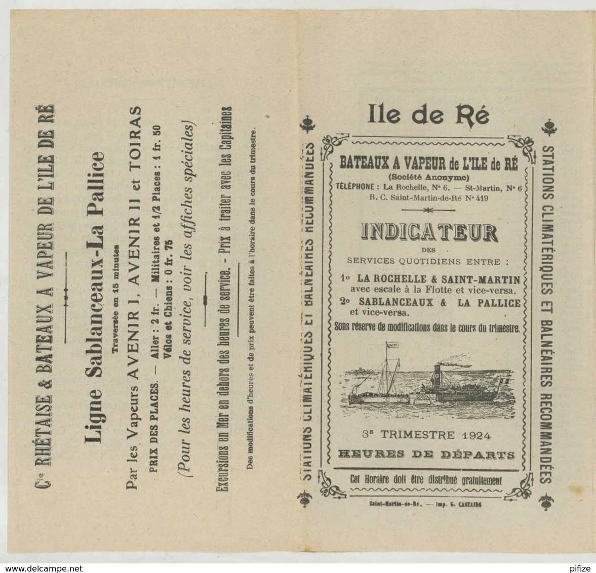 Indicateur Horaire Des Bateaux à Vapeur De L'Ile De Ré . 3e Trimestre 1924 . - Europe