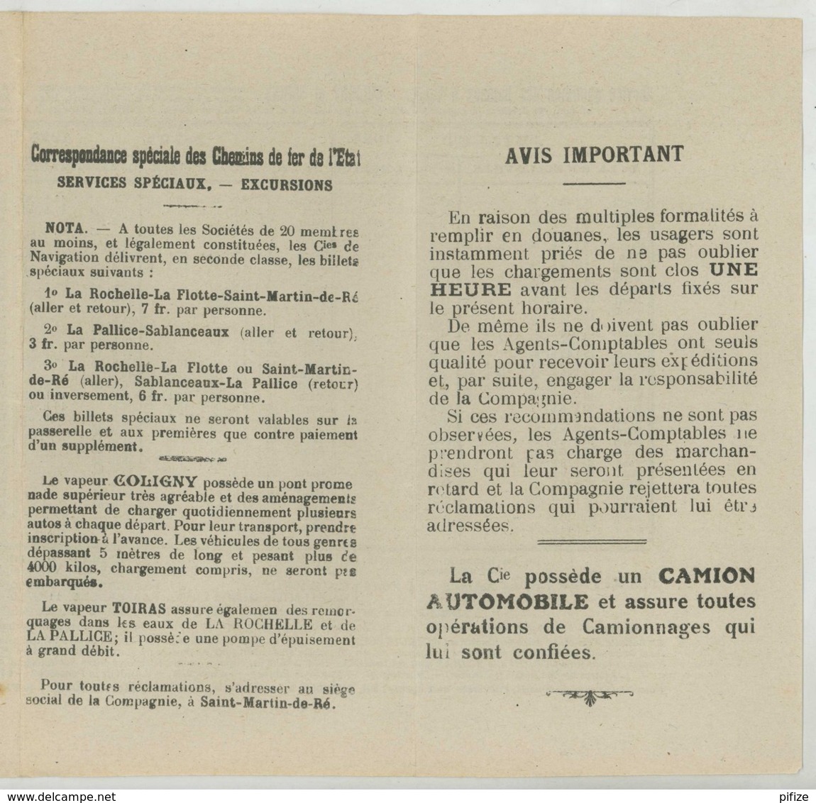 Indicateur Horaire Des Bateaux à Vapeur De L'Ile De Ré . 3e Trimestre 1924 . - Europe