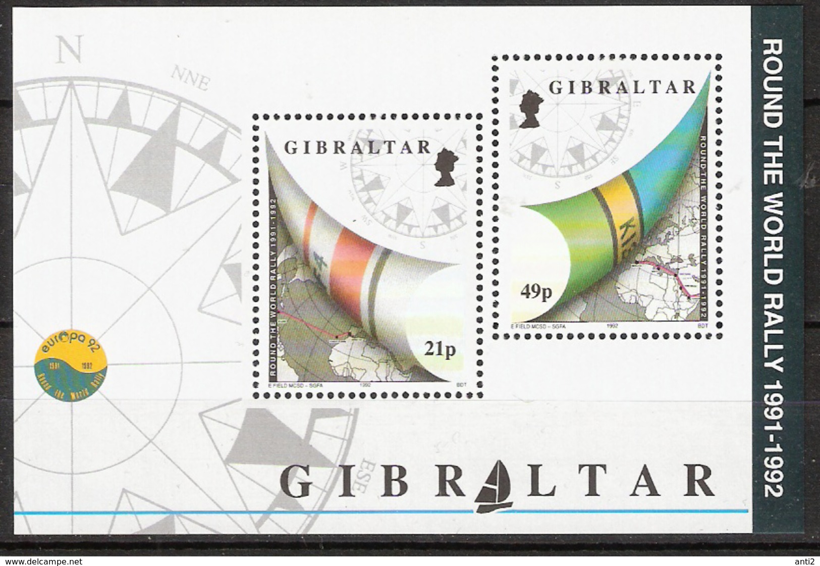 Gibraltar 1992 Ending The Whitbread Sailing Regatta "Around The World" Mi Bloc 17 MNH(**) - Gibraltar