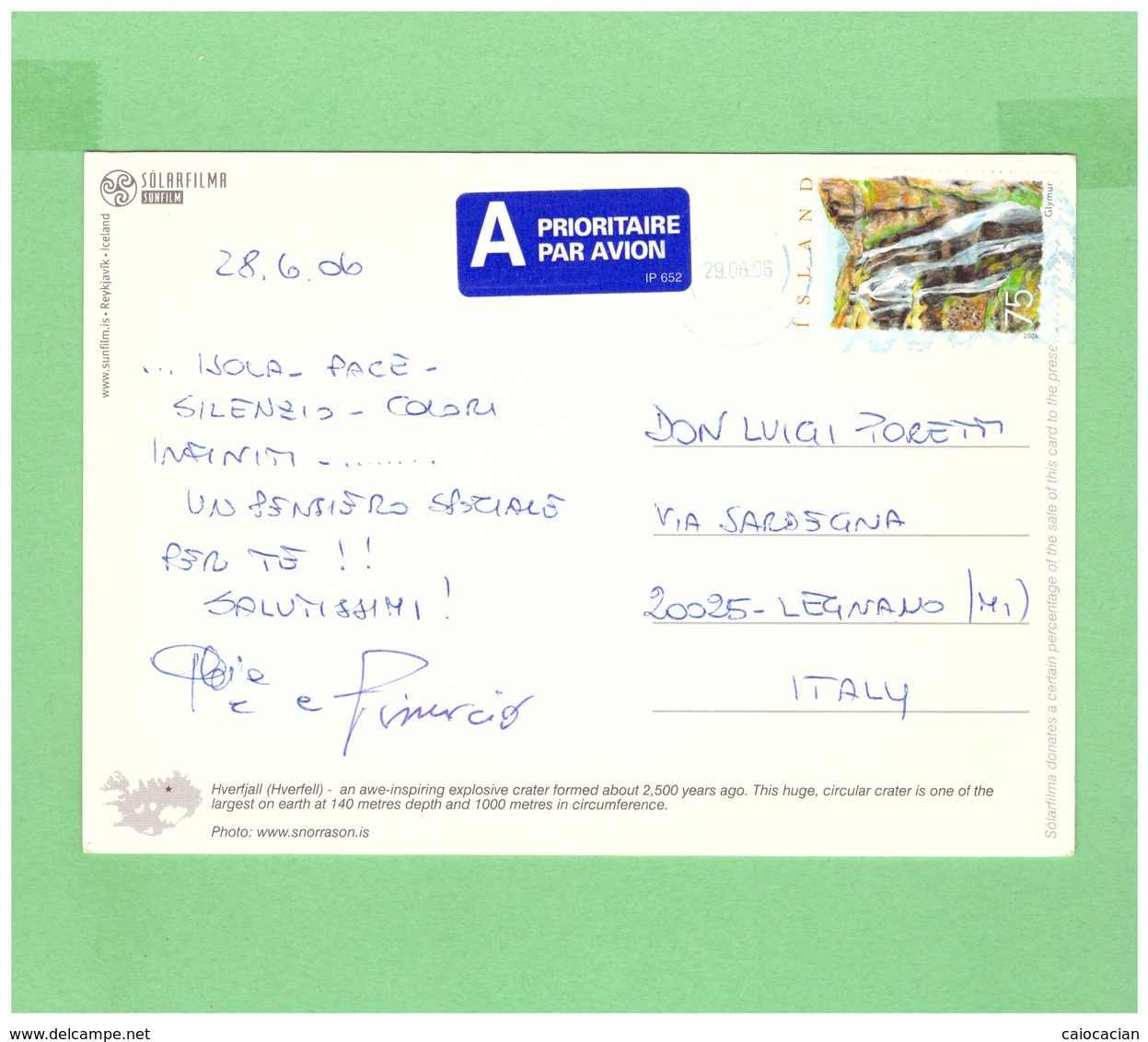 2006 ISLAND AIR MAIL POSTCARD WITH 1 STAMP TO ITALY - Brieven En Documenten